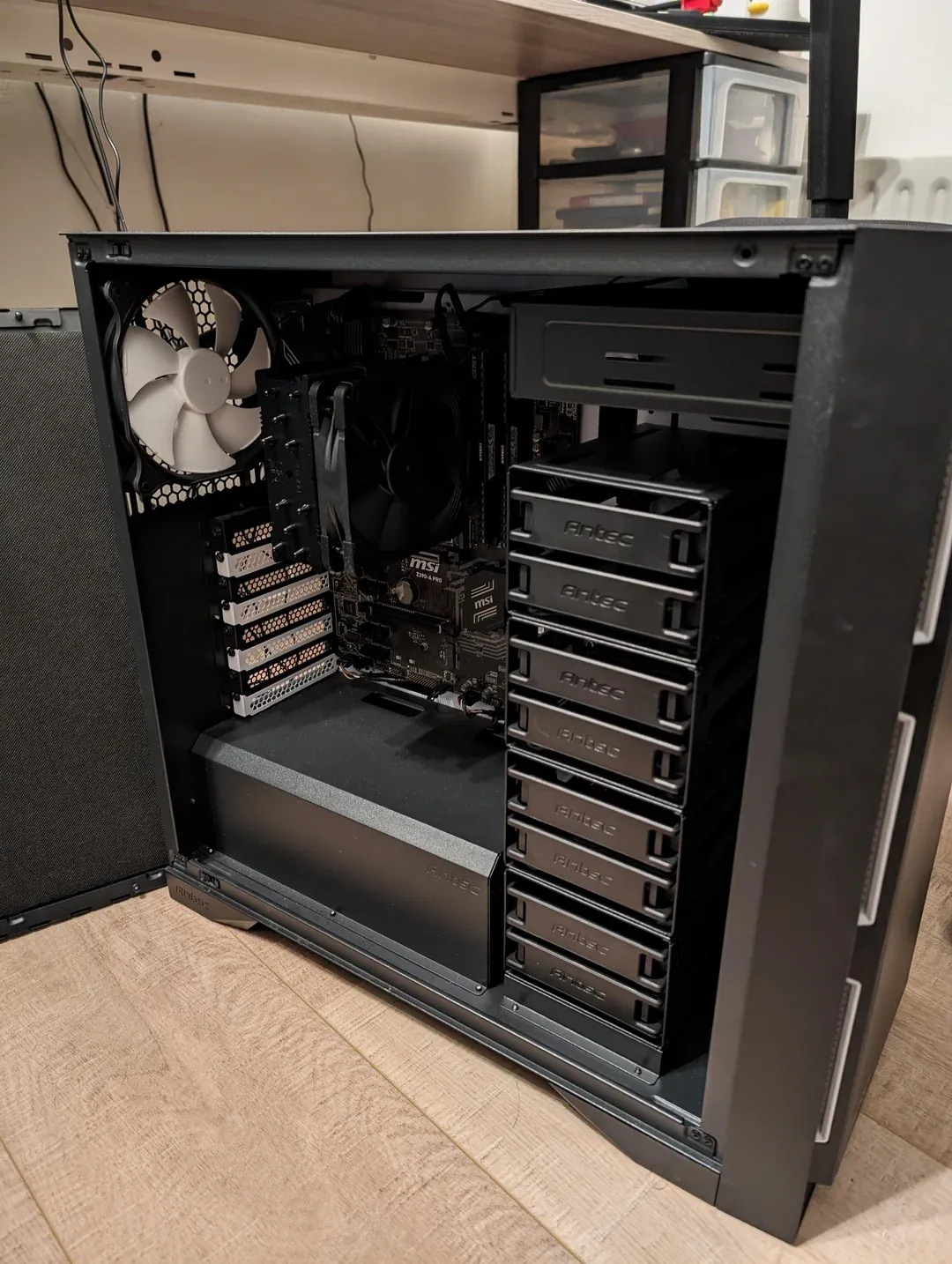 Interior of the Antec P101 NAS case — wide view